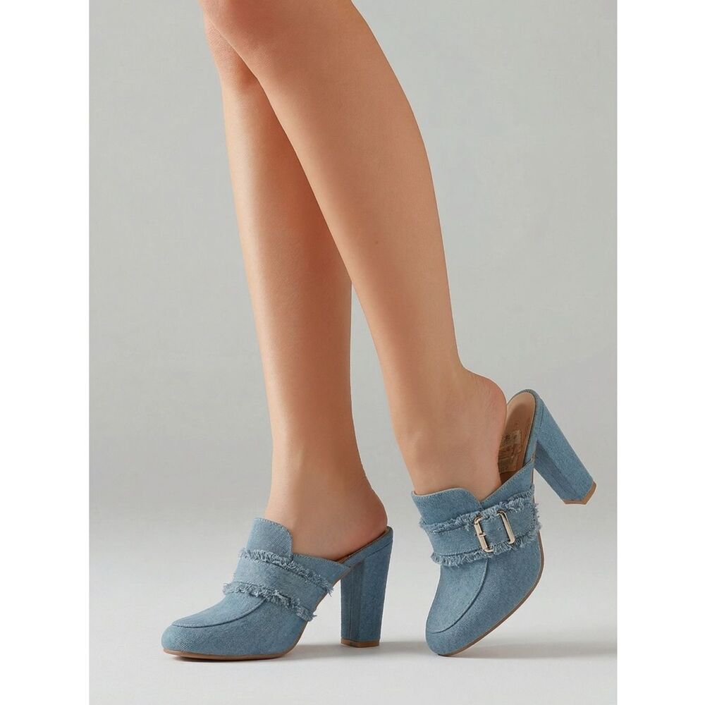 Women's Blue Denim Chunky Block Heel Slip On Mules Buckle Size 7.5 Y2K